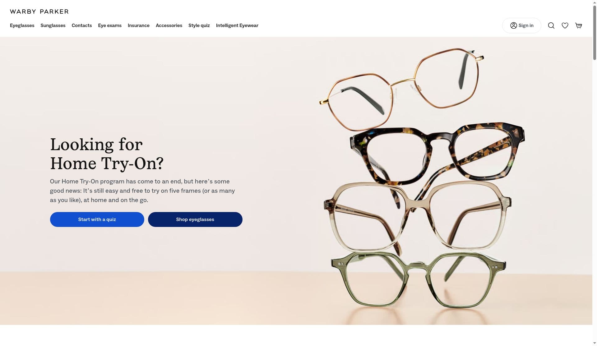 Warby Parker Looking for Home Try-On page saying the program has come to an end