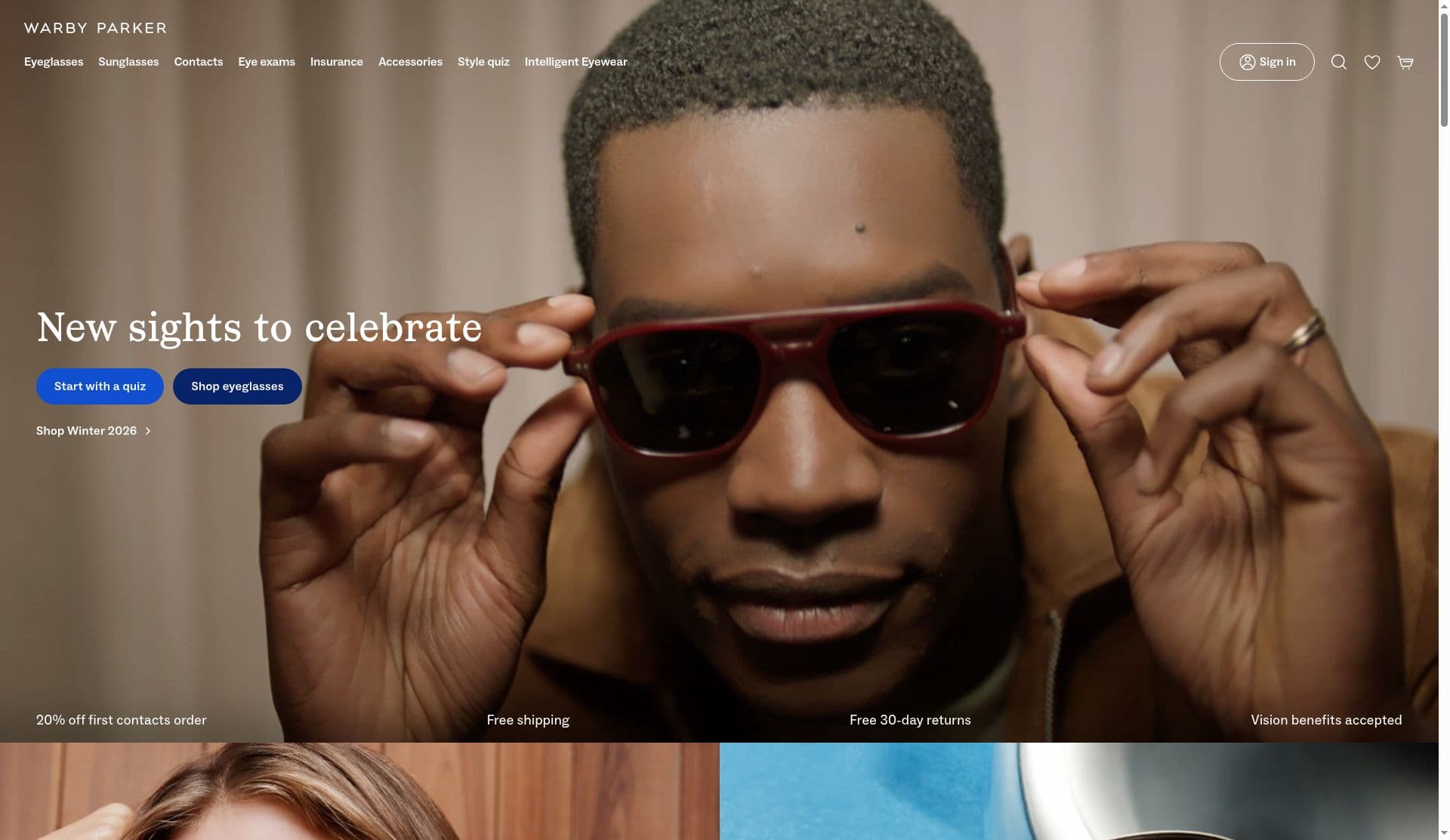 Warby Parker homepage with Start with a quiz and Shop eyeglasses buttons and an Intelligent Eyewear menu item