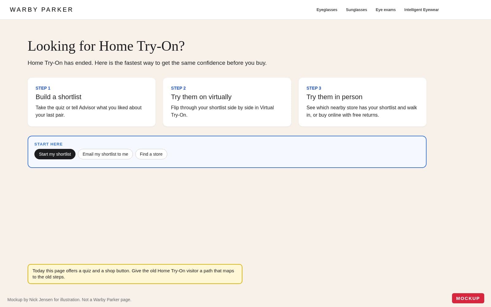 Mockup of a Warby Parker Home Try-On page rebuilt as three steps: build a shortlist, try virtually, try in person