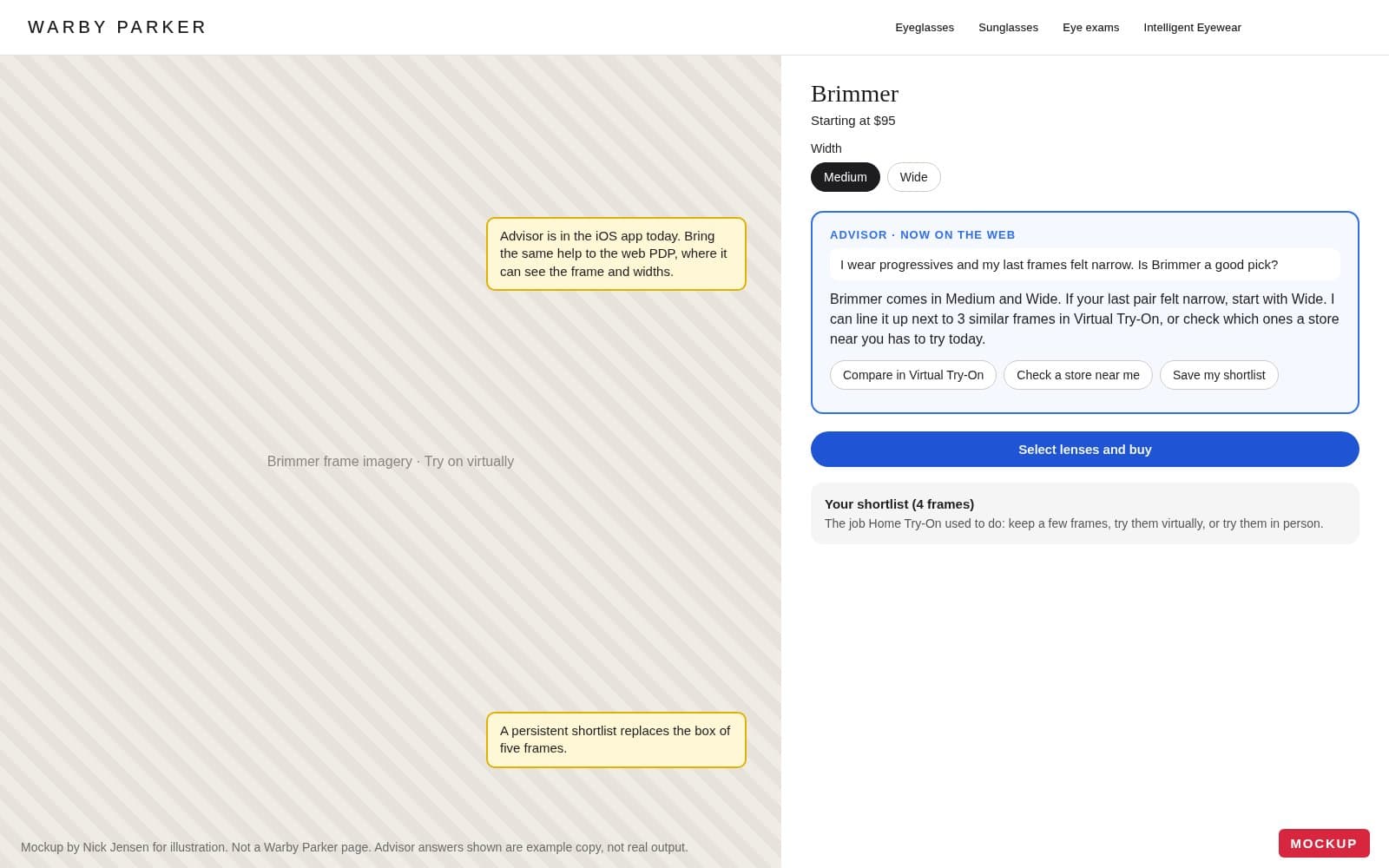 Mockup of the Warby Parker Brimmer page with an Advisor panel answering a fit question and a saved shortlist