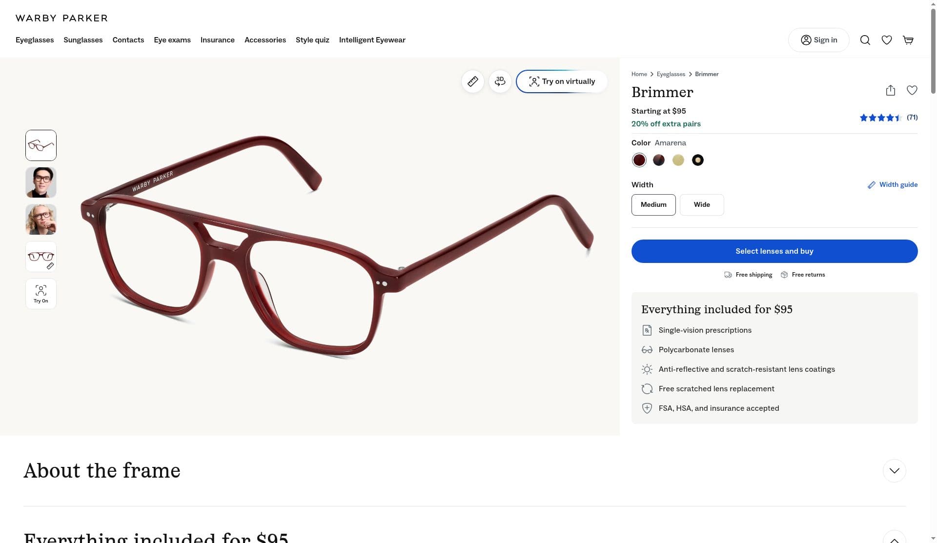 Warby Parker Brimmer product page with a Try on virtually button, width options and an everything included for 95 dollars box