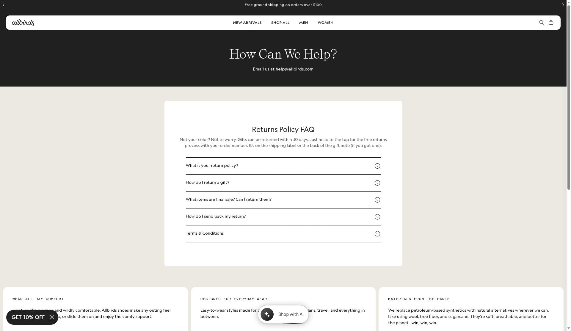 Allbirds help page with the header How Can We Help and an email address
