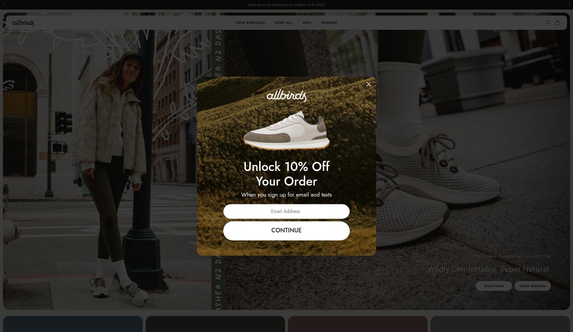 Allbirds homepage covered by a 10% off email and text signup modal