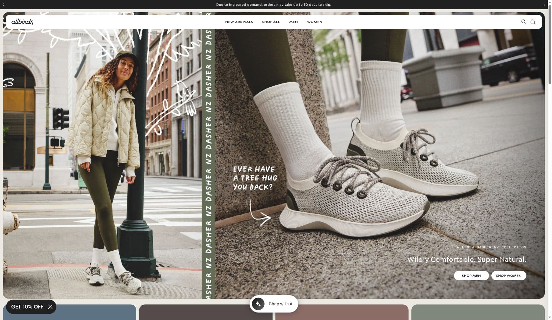 Allbirds homepage hero with a banner reading Due to increased demand, orders may take up to 30 days to ship