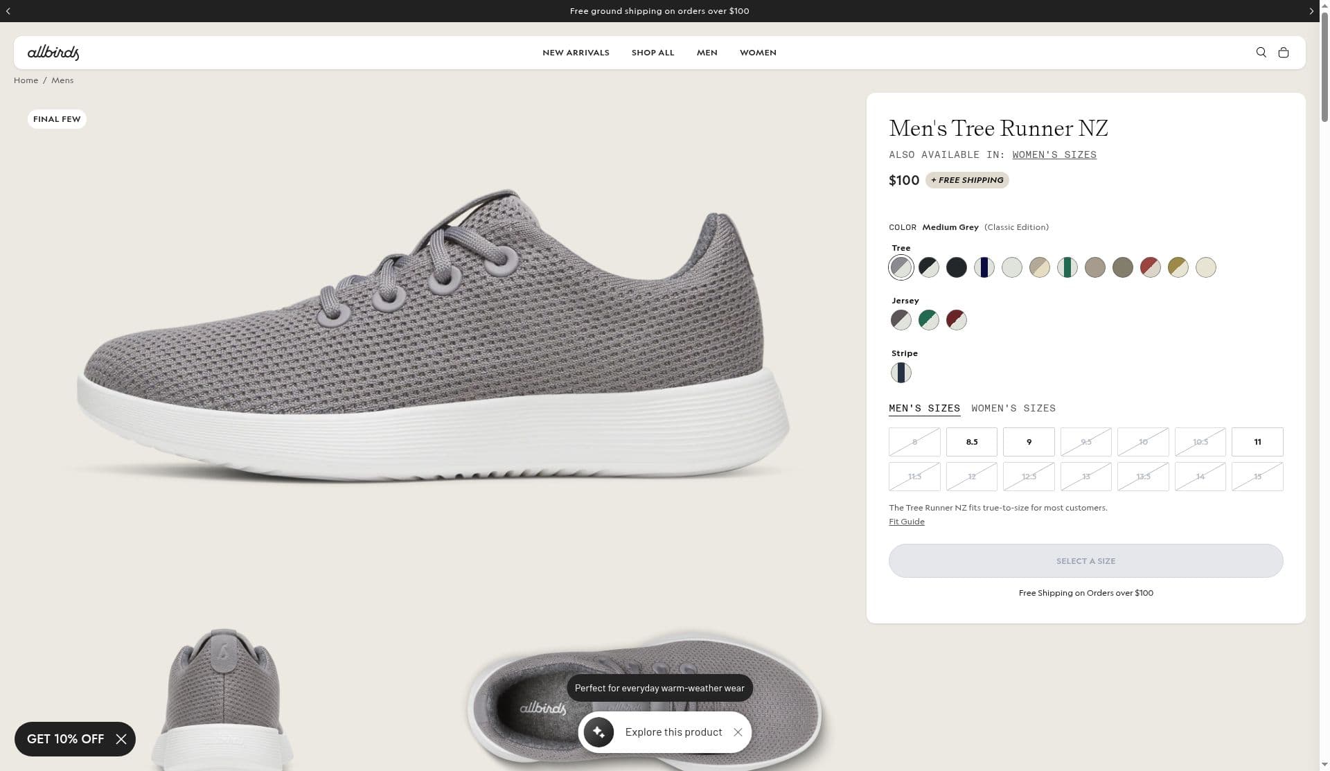 Allbirds Men's Tree Runner NZ product page with most sizes crossed out and an Explore this product AI chip