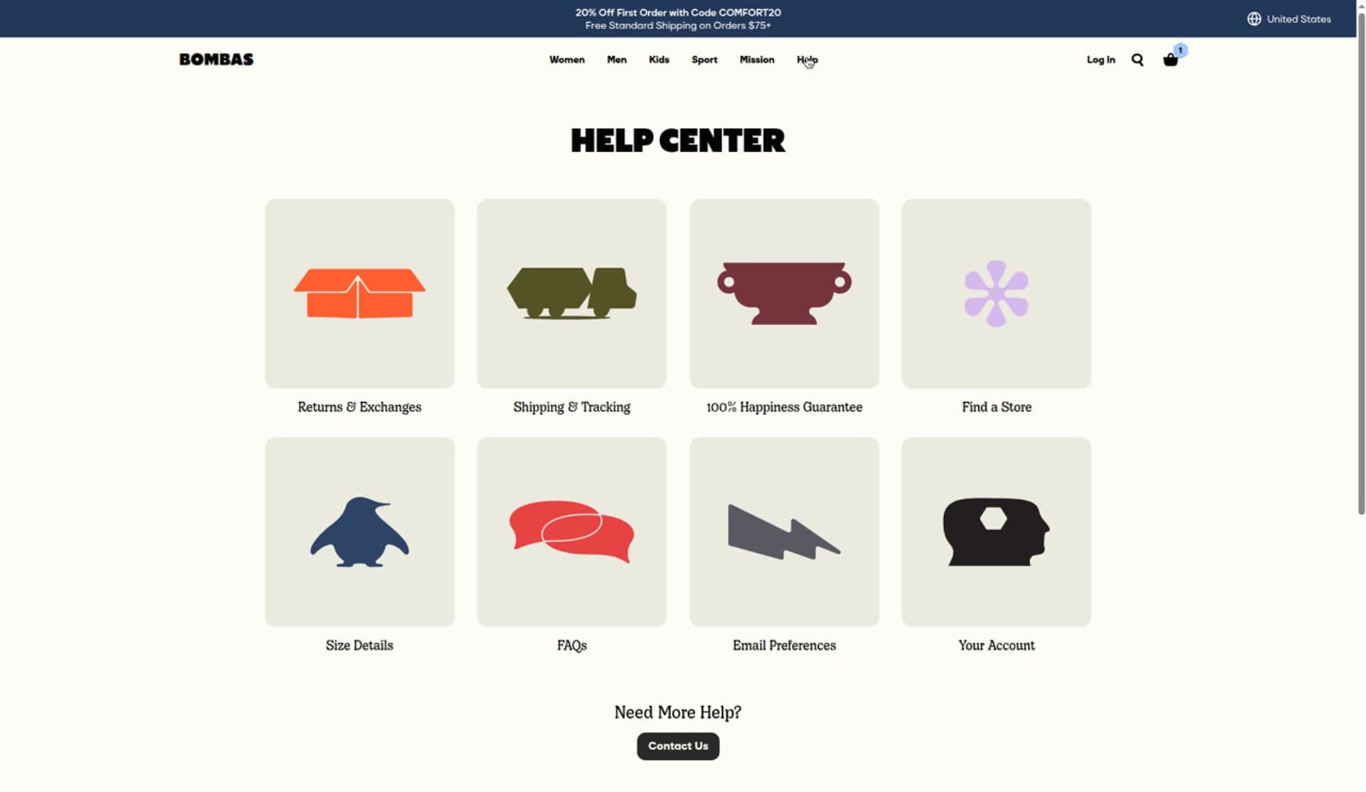 Bombas Help Center with eight tiles including Find a Store, Size Details, and a Contact Us button