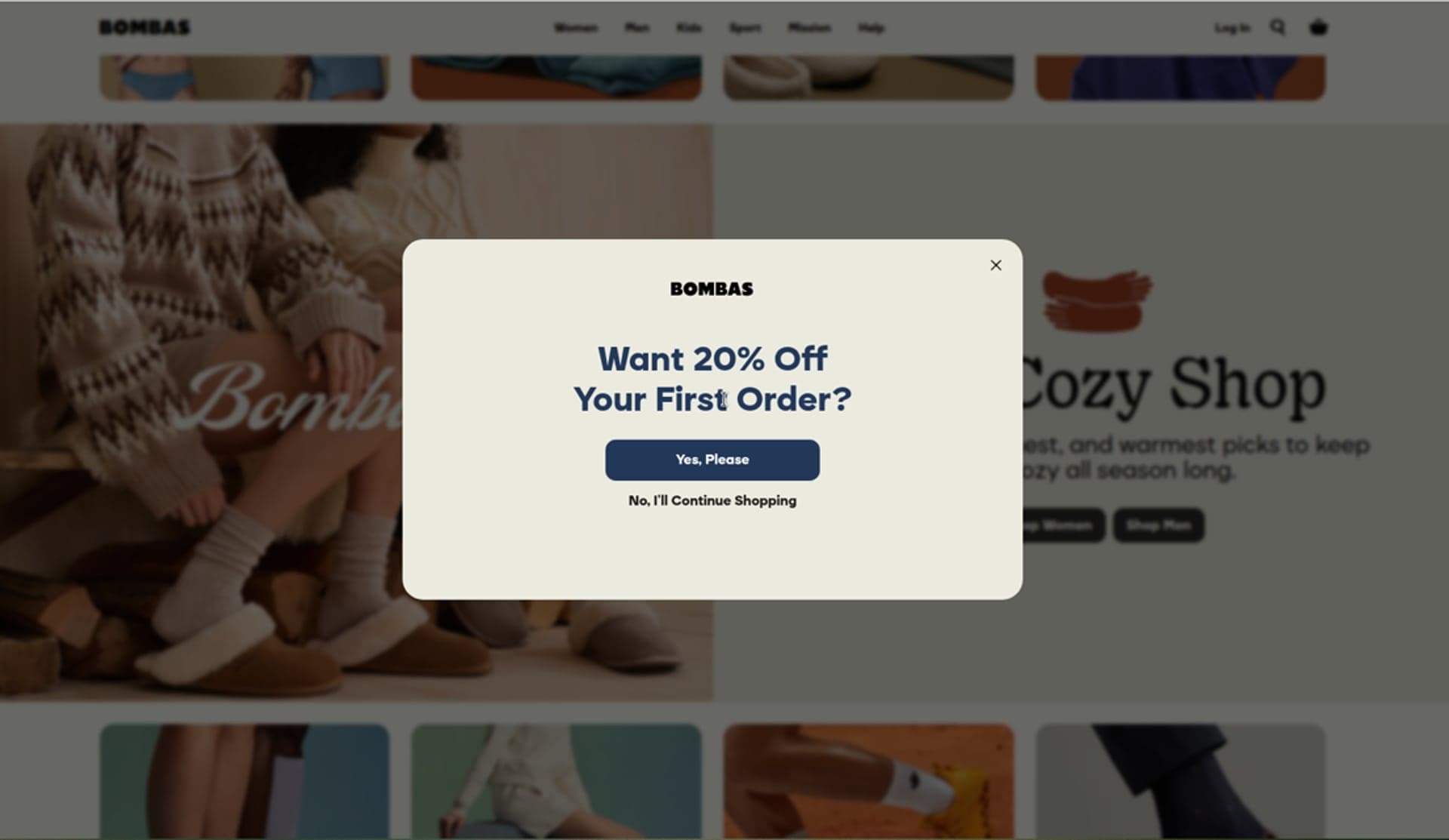 Bombas homepage covered by a Want 20% Off Your First Order email signup modal