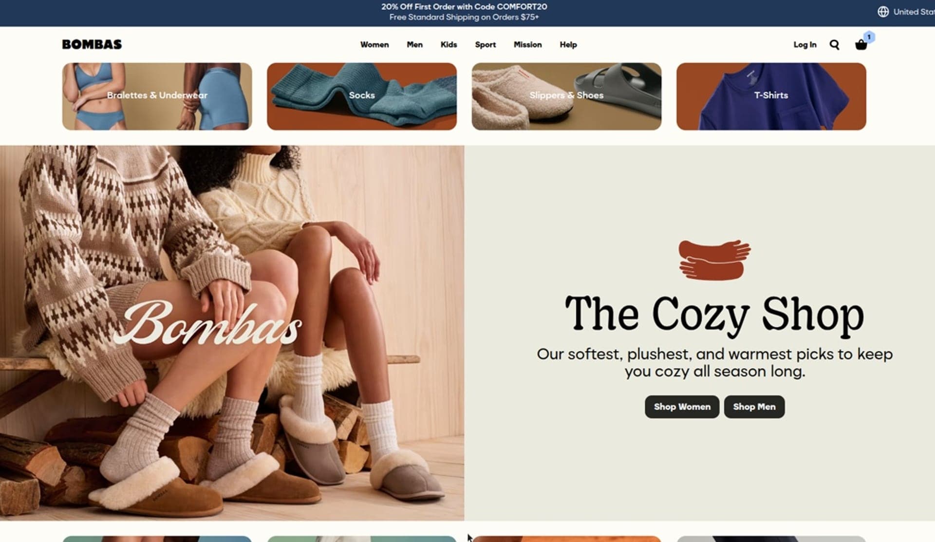 Bombas homepage hero for The Cozy Shop with Shop Women and Shop Men buttons
