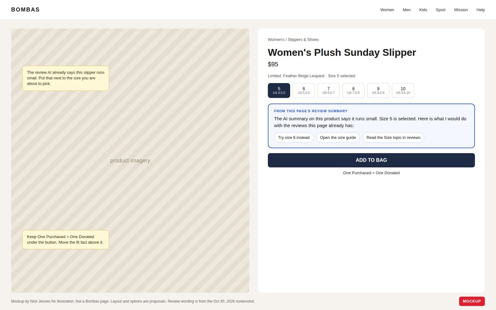 Mockup of the Bombas Sunday Slipper page with an AI panel next to the size picker citing the runs small review summary