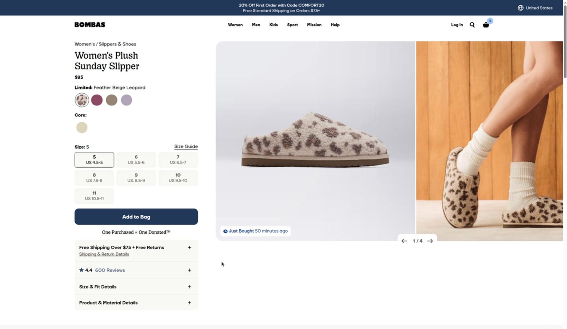Bombas Women's Plush Sunday Slipper product page at 95 dollars with size 5 selected and Size and Fit Details closed