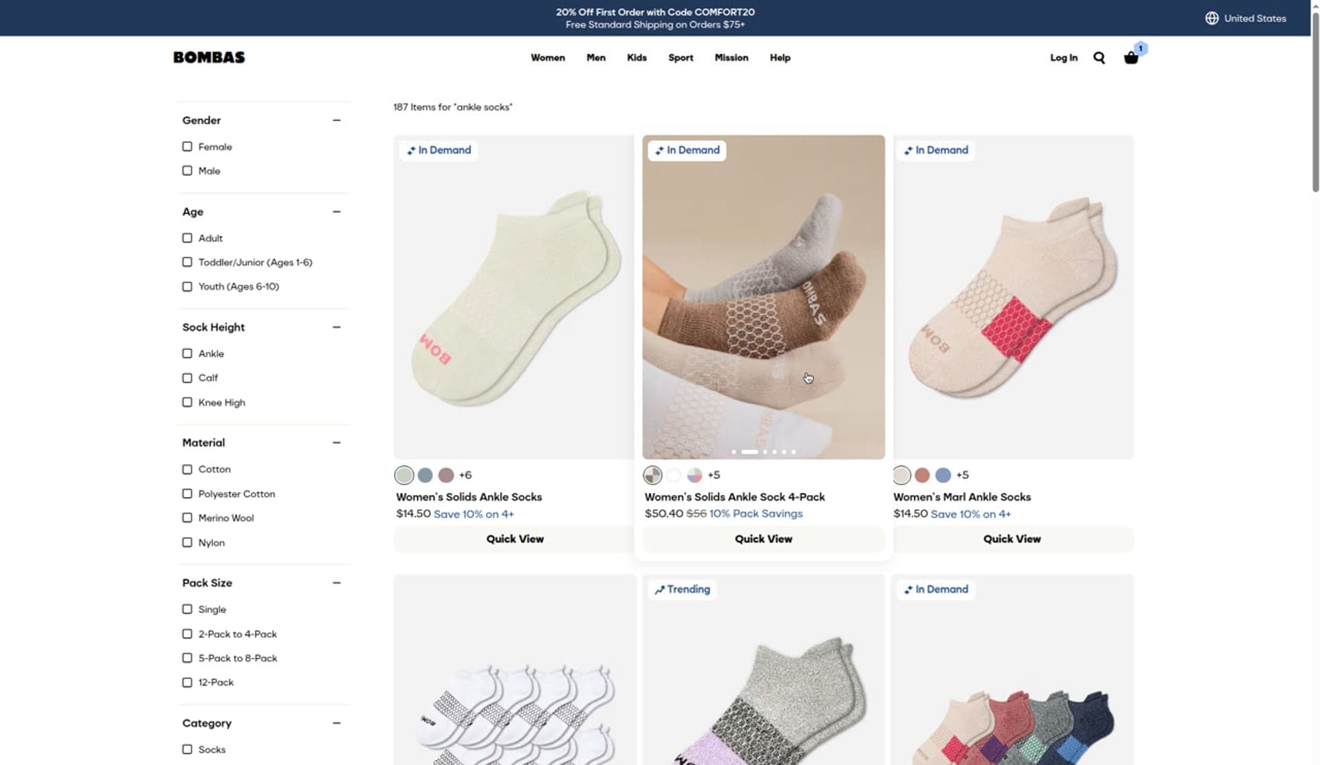 Bombas search results for ankle socks showing 187 items mixing singles and a 4-pack