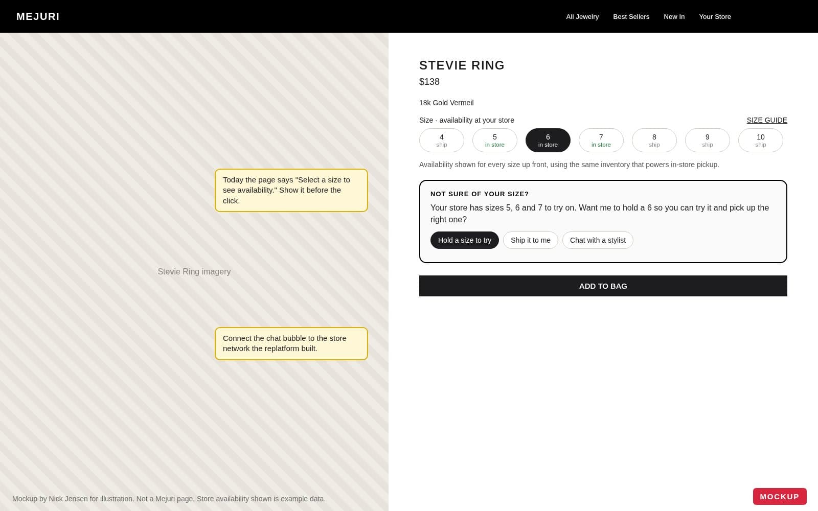Mockup of the Mejuri Stevie Ring page showing store availability for every size and a hold a size to try button
