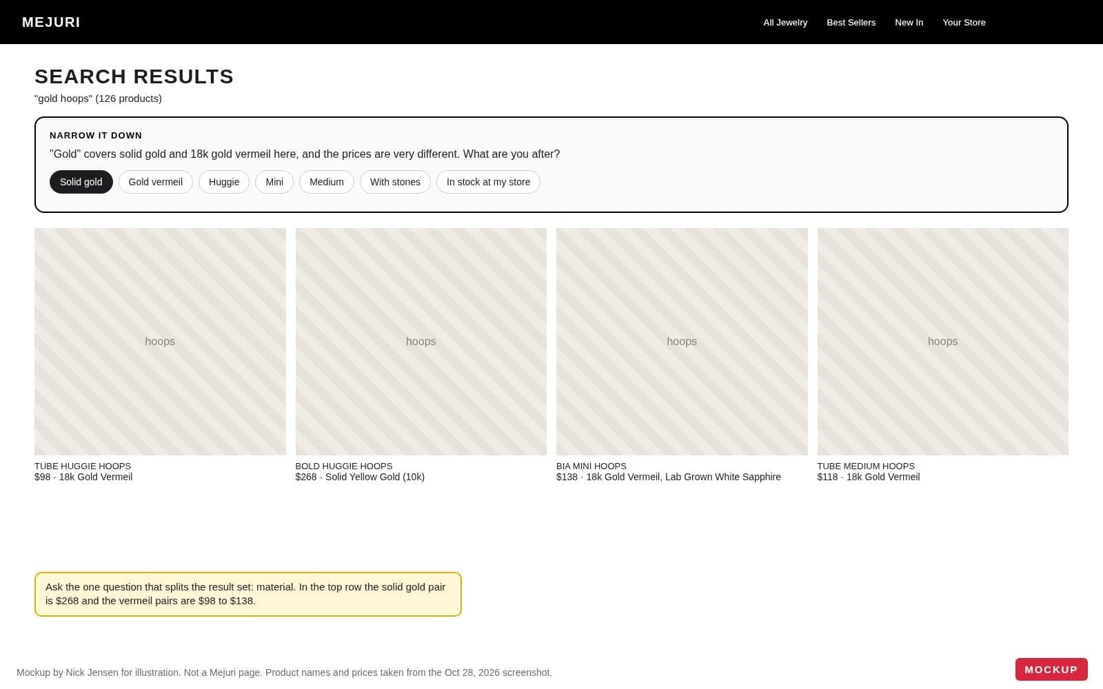 Mockup of Mejuri gold hoops search results with Solid gold and Gold vermeil filter chips