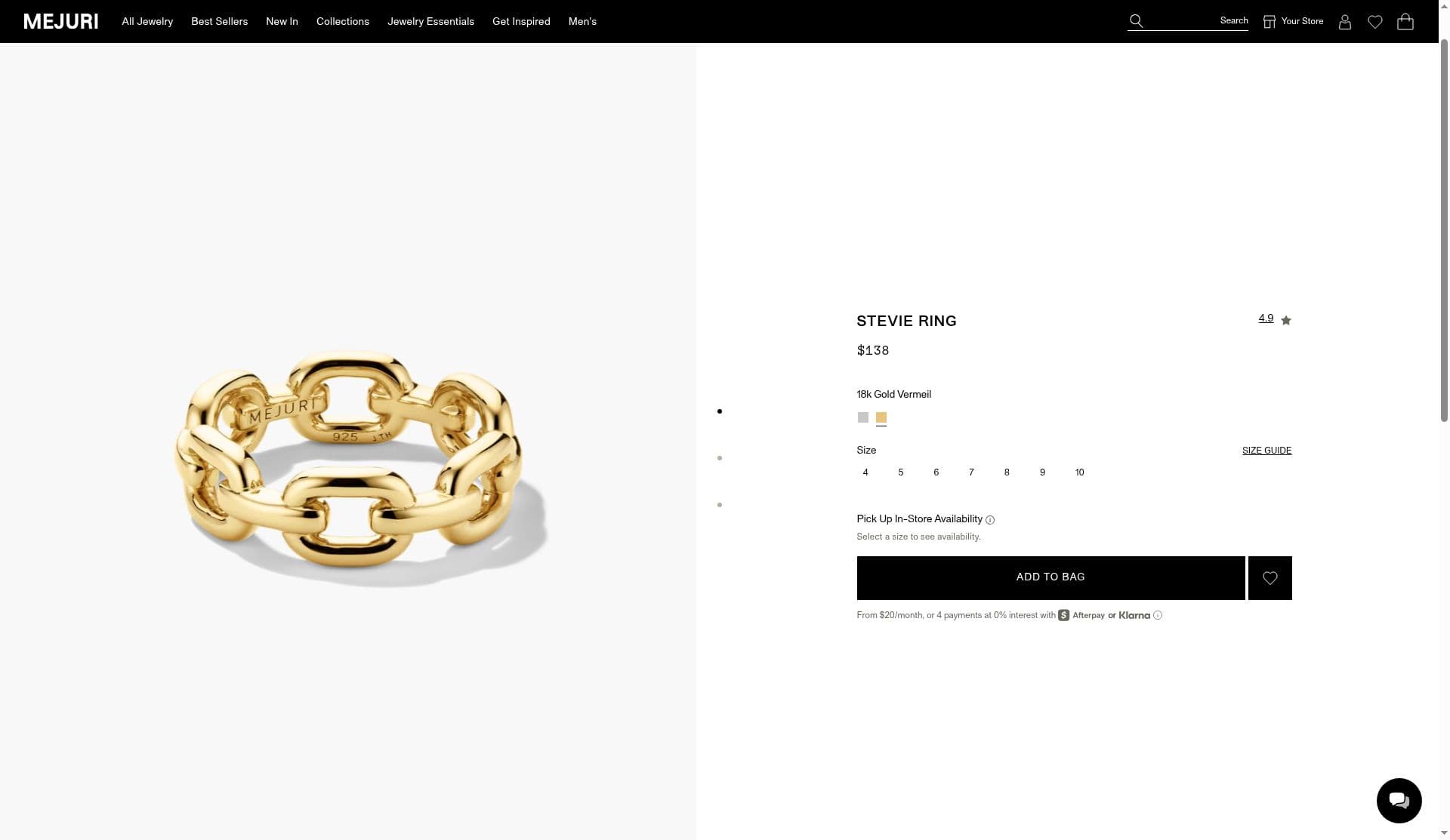 Mejuri Stevie Ring product page at 138 dollars with sizes 4 to 10 and a Select a size to see availability message