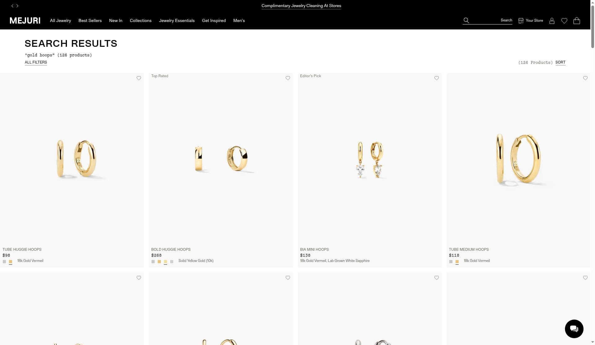 Mejuri search results for gold hoops showing 126 products mixing gold vermeil and solid gold