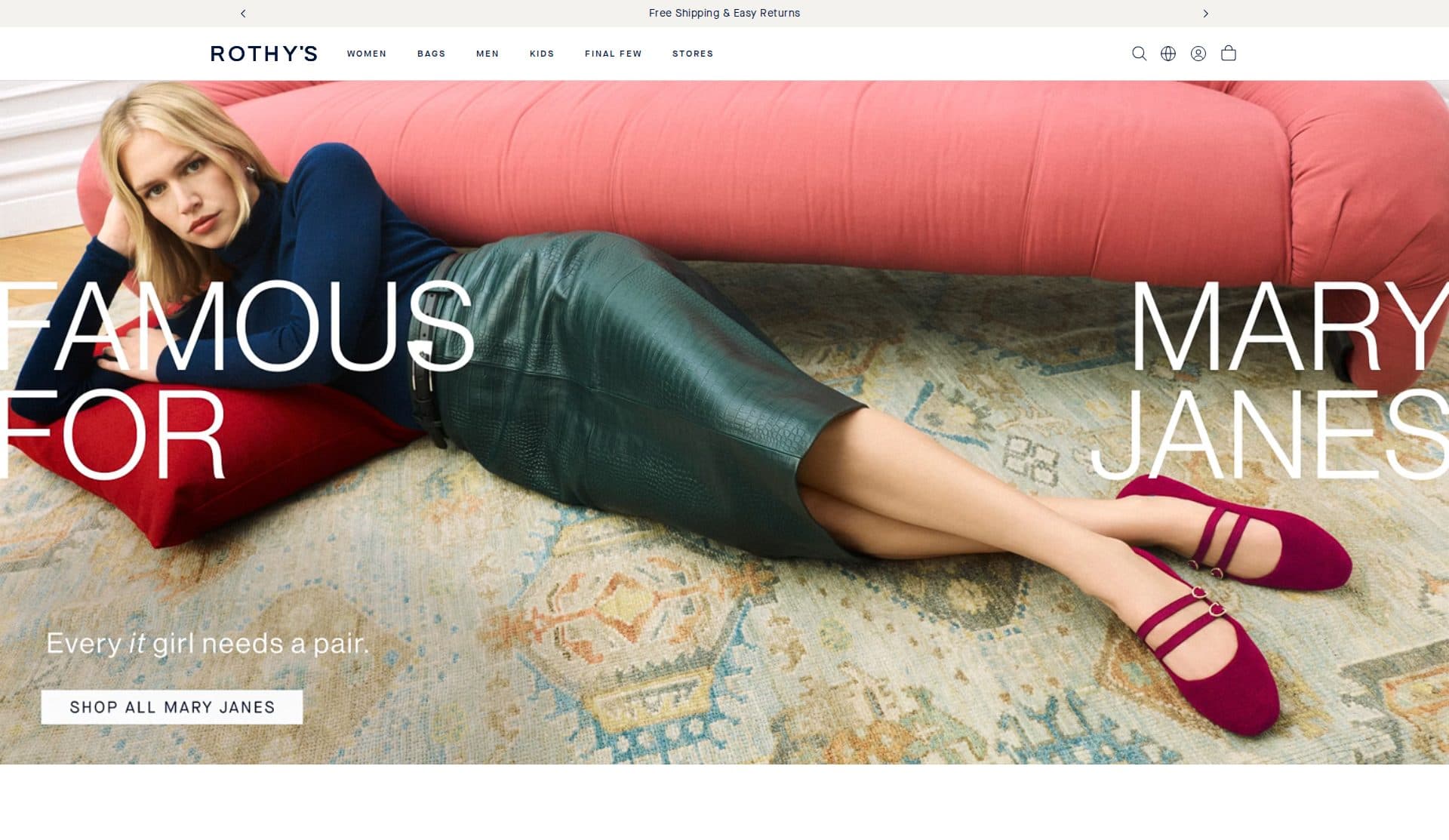 Rothy's homepage hero with Famous for Mary Janes and a Shop All Mary Janes button