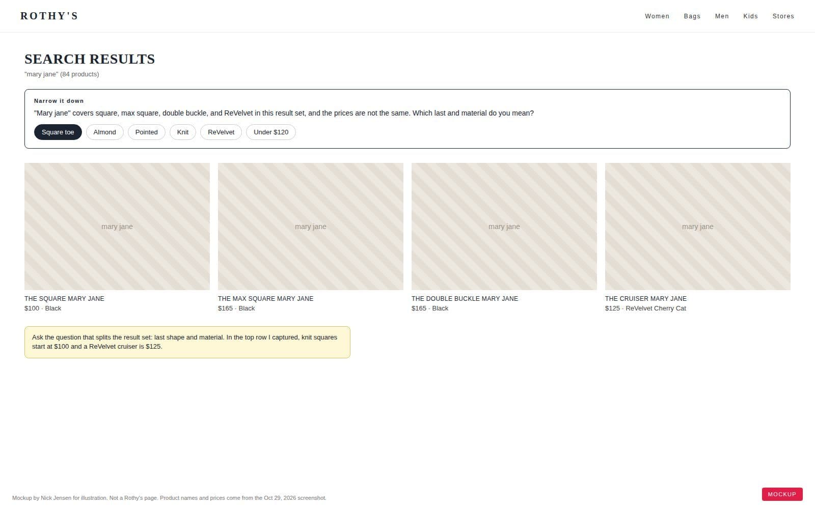 Mockup of Rothy's mary jane search results with last shape and material filter chips