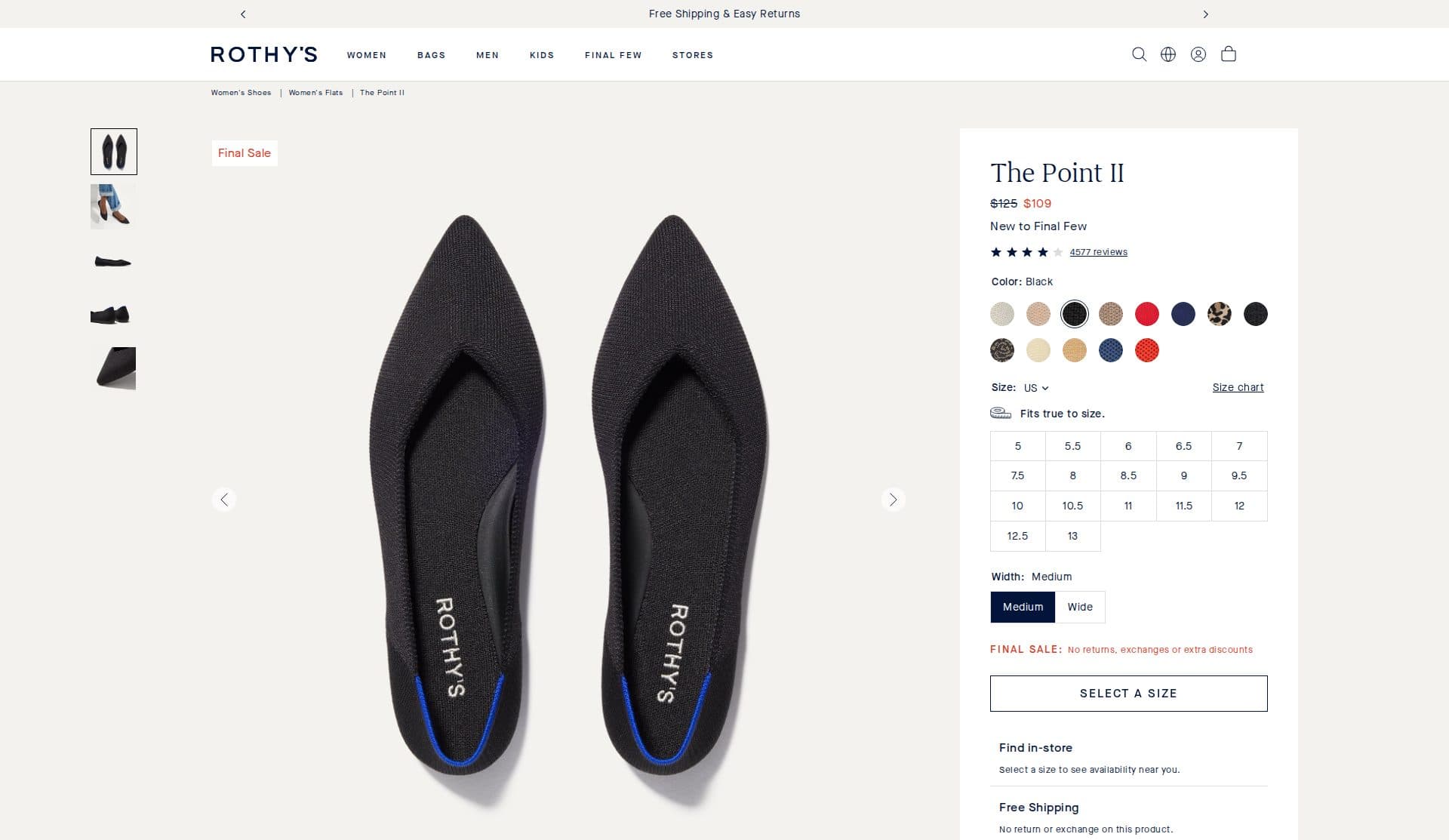 Rothy's Point II product page at 109 dollars with Final Sale, Fits true to size, Medium and Wide widths, and Select a size to see availability near you