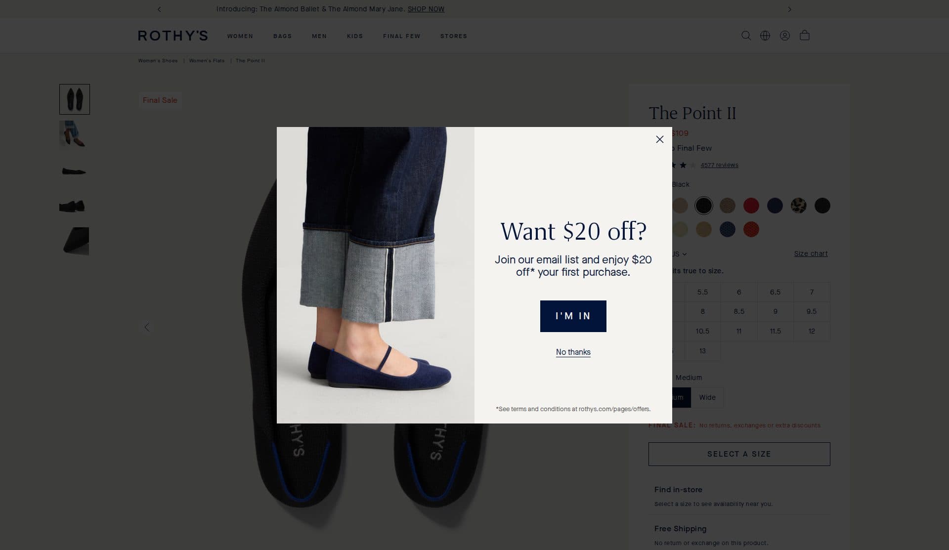 Rothy's Point II product page covered by a Want 20 dollars off email signup modal