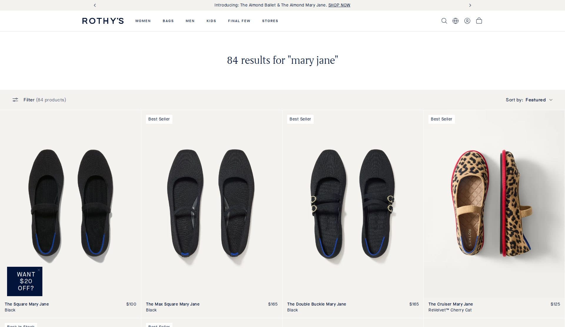 Rothy's search results for mary jane showing 84 products mixing square, max square, double buckle, and ReVelvet styles