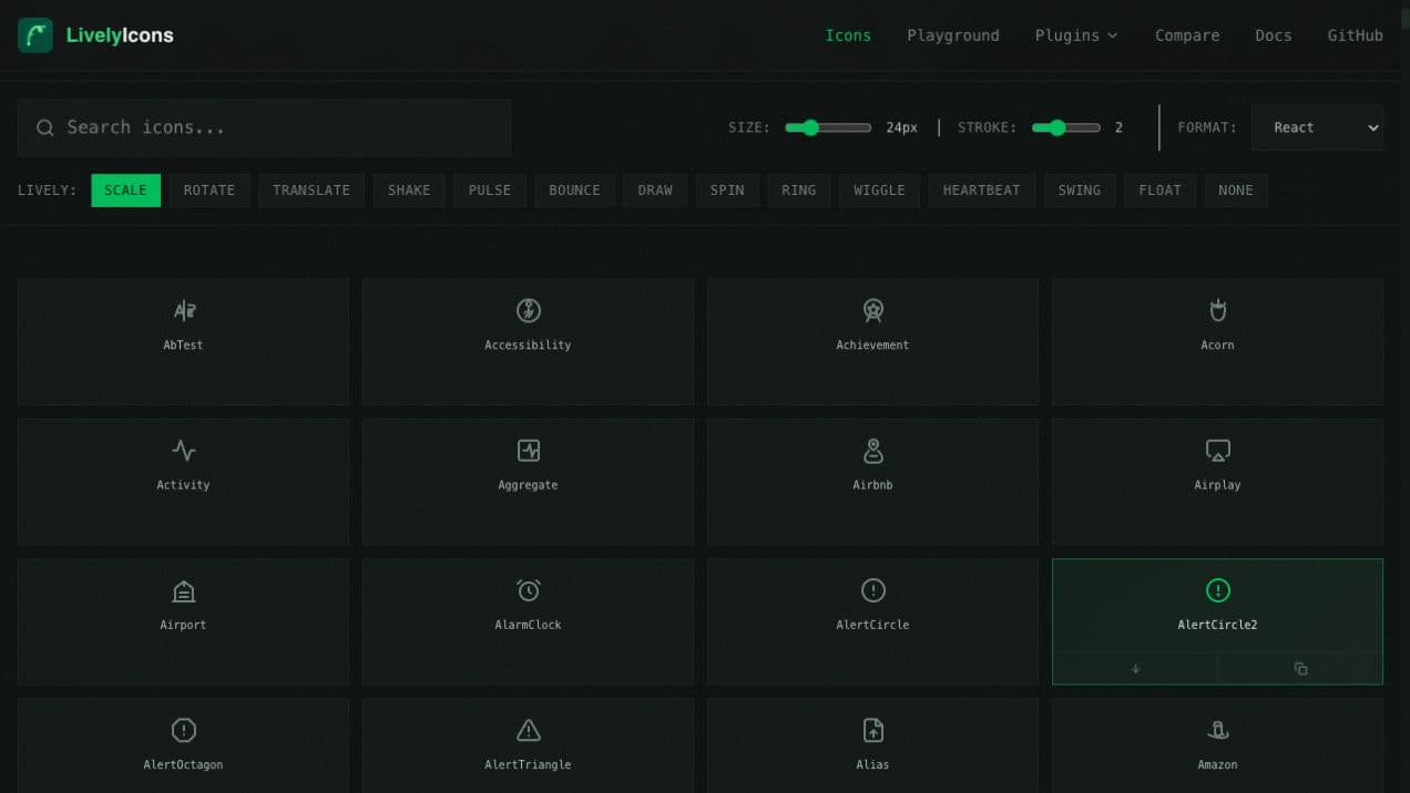 The shipped Lively Icons browser showing search, motion controls, and a grid of named icons